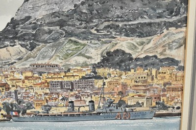 Lot 1167 - *Claude Muncaster (Grahame Hall) RWS RBA ROI SMA (1903-1974) watercolour - 'La Grandiere' A French Sloop at Gibraltar, signed, 29.5cm x 22cm, mounted in glazed frame