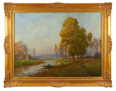 Lot 1086 - Owen Baxter Morgan (act.1905-1932) oil on canvas - Punt on the River at Dusk, signed, 65cm x 85cm, in gilt frame