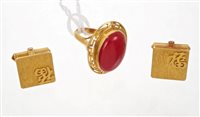 Lot 431 - Chinese yellow metal and coral dress ring and...