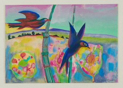 Lot 1164 - *Humphrey Spender (1910-2005) watercolour and acrylic -Roaming birds, signed and dated '92, 29cm x 20.5cm, in glazed frame