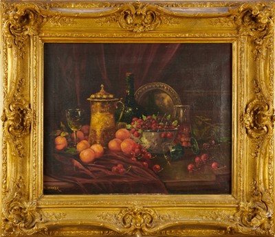 Lot 1127 - Mathilde Winker (1881-1968), oil on canvas, still life of fruit, glass, silver and porcelain, signed, 56cm x 69cm, in ornate gilt frame