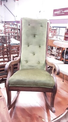 Lot 1045 - Victorian mahogany rocking chair with green velvet upholstery and scroll arms