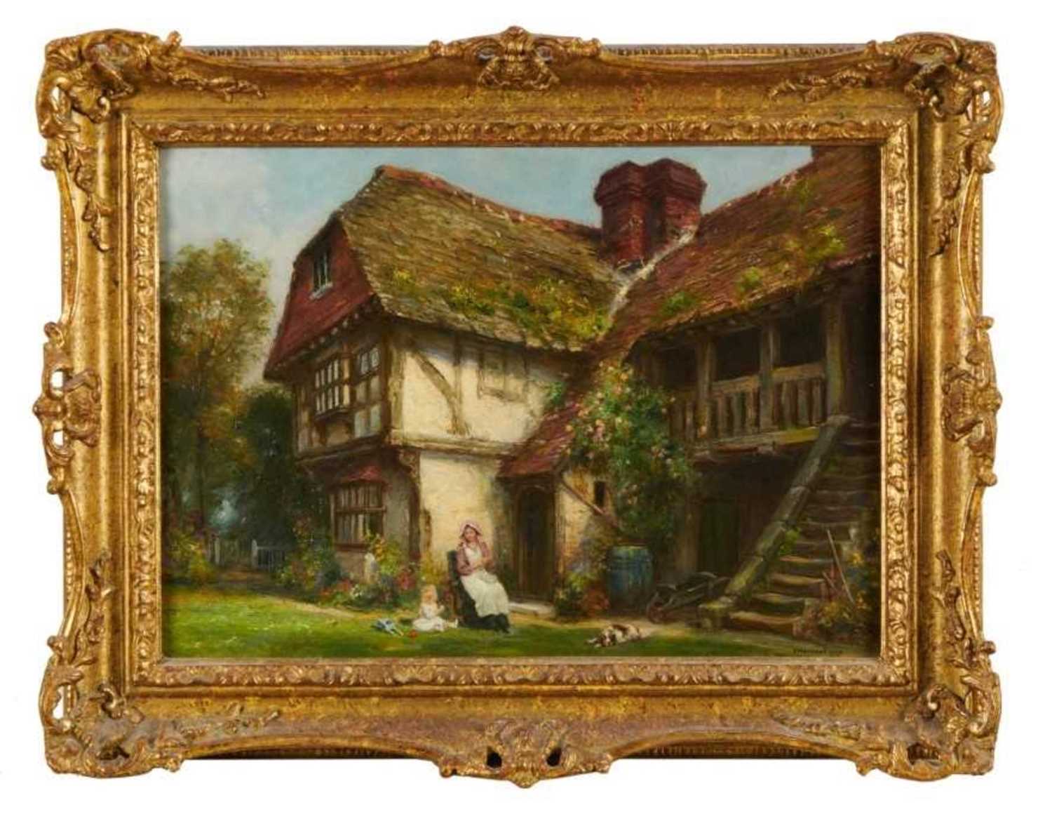 Lot 1199 - Frank Moss Bennett (1874-1952) a pair, oil on board - figures and timbered cottages, both signed and dated 1917, 35cm x 24.5cm, in ornate gilt frames (2)
