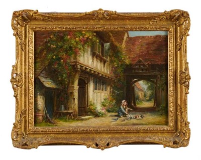 Lot 1199 - Frank Moss Bennett (1874-1952) a pair, oil on board - figures and timbered cottages, both signed and dated 1917, 35cm x 24.5cm, in ornate gilt frames (2)