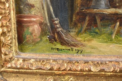 Lot 1199 - Frank Moss Bennett (1874-1952) a pair, oil on board - figures and timbered cottages, both signed and dated 1917, 35cm x 24.5cm, in ornate gilt frames (2)