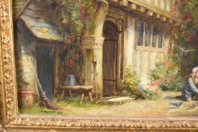 Lot 1199 - Frank Moss Bennett (1874-1952) a pair, oil on board - figures and timbered cottages, both signed and dated 1917, 35cm x 24.5cm, in ornate gilt frames (2)
