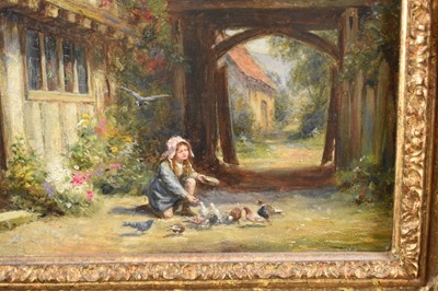 Lot 1199 - Frank Moss Bennett (1874-1952) a pair, oil on board - figures and timbered cottages, both signed and dated 1917, 35cm x 24.5cm, in ornate gilt frames (2)