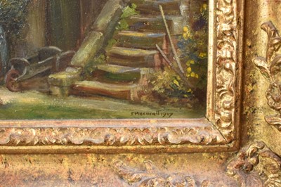 Lot 1199 - Frank Moss Bennett (1874-1952) a pair, oil on board - figures and timbered cottages, both signed and dated 1917, 35cm x 24.5cm, in ornate gilt frames (2)
