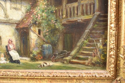 Lot 1199 - Frank Moss Bennett (1874-1952) a pair, oil on board - figures and timbered cottages, both signed and dated 1917, 35cm x 24.5cm, in ornate gilt frames (2)