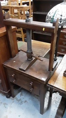 Lot 1052 - 19th century oak book press with screw down top, two drawers on square legs