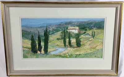 Lot 19 - Anthony Atkinson ARCA (1929-2015) signed gouache - ‘Above Beaumes de Venise’, 41cm x 21cm mounted in glazed frame