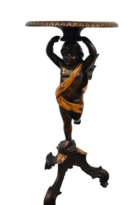 Lot 1424 - Late 19th century Venetian carved and stained beech cherub pedestal with carved revolving top on tripod base