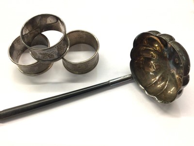 Lot 833 - Silver toddy ladle and three silver napkin rings