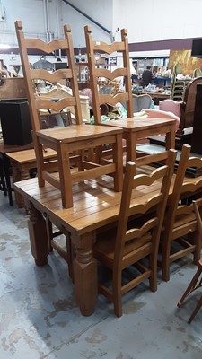 Lot 1051 - Modern dining table with end drawer on turned and block legs, 152cm x 96cm, together with a set six ladderback chairs