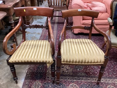 Lot 1058 - Two Regency mahogany elbow chairs with scroll arms and set five Victorian mahogany dining chairs (7)