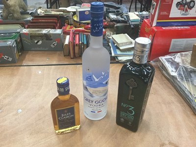 Lot 458 - Spirits- one 700ml bottle of No. 3 London Dry Gin, one 700ml bottle of Grey Goose Vodka and a 20cl bottle of Jules Clairon Brandy (3)