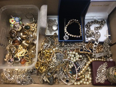 Lot 817 - Group of costume jewellery including silver curb link bracelet with padlock clasp, other silver jewellery, Swarovski crystal bracelet and rings, gold plated chains, simulated pearls etc