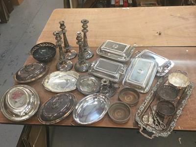 Lot 474 - Collection of silver plated ware to include entree dishes, candlesticks and other items