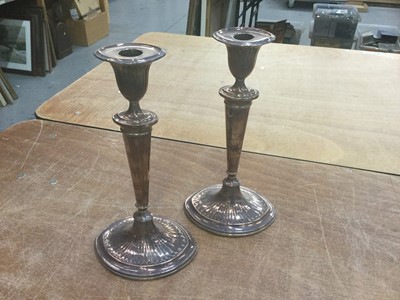 Lot 461 - Pair of 19th century silver plated candlesticks of navette form.