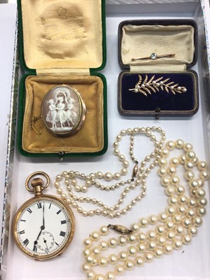 Lot 824 - 9ct gold seed pearl fern leaf brooch, one other bar brooch, carved shell cameo brooch, gold plated pocket watch and two cultured pearl necklaces, both with 9ct gold clasps