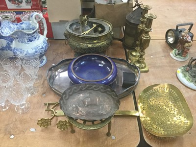 Lot 476 - Pair of brass candlesticks, silver plated gallery tray, Cloissone bowl and other metalware.