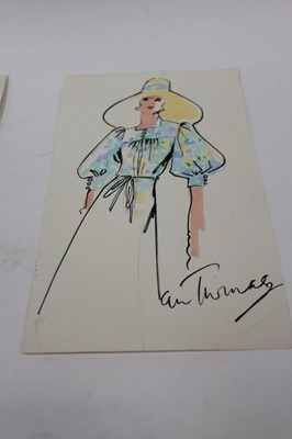 Lot 1563 - Ian Thomas - Royal dress designer and dress maker to Her Late Majesty Queen Elizabeth II, three pencil, ink and wash summer dress designs, signed (3)