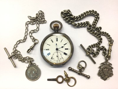 Lot 830 - Silver cased pocket watch and two watch chains