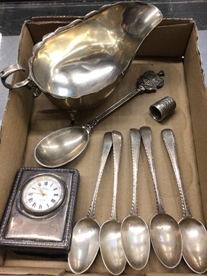 Lot 840 - Silver sauce boat, five Georgian silver teaspoons, one other silver spoon, silver thimble and silver mounted Carr timepiece