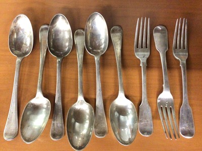 Lot 841 - Set of six Continental silver tablespoons and three Georgian silver forks