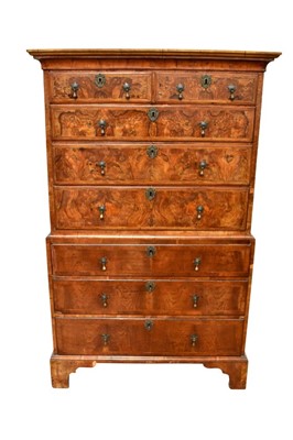 Lot 1412 - Early 18th century figured walnut chest on chest, with two short over six long graduated drawers on bracket feet, 109cm wide x 51cm deep 173cm high