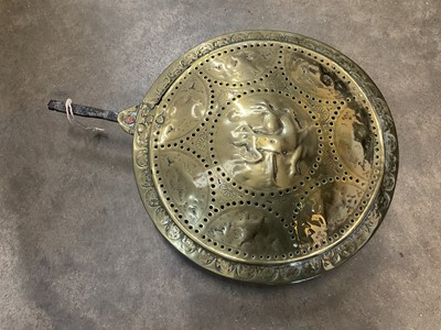 Lot 171 - 17th century brass bed warmer, lacking handle, together with another similar and other metalwares