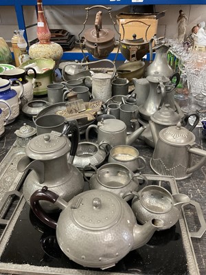 Lot 175 - Collection of antique metal wares to in two spirit kettles on stands, pewter wares etc.