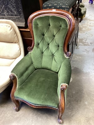 Lot 1103 - Victorian mahogany balloon back easy chair with green buttoned back upholstery