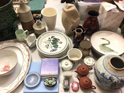 Lot 262 - Portmeirion Botanic Garden dinner plates and pots, Wedgwood Flying Cloud bowl, Jasperware, Poole Pottery vase with box, Chinese blue and white ginger jar, green glazed jardinere, two pottery lamps...