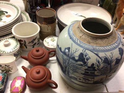 Lot 262 - Portmeirion Botanic Garden dinner plates and pots, Wedgwood Flying Cloud bowl, Jasperware, Poole Pottery vase with box, Chinese blue and white ginger jar, green glazed jardinere, two pottery lamps...