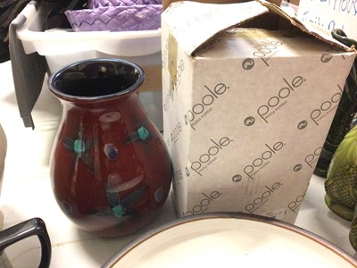 Lot 262 - Portmeirion Botanic Garden dinner plates and pots, Wedgwood Flying Cloud bowl, Jasperware, Poole Pottery vase with box, Chinese blue and white ginger jar, green glazed jardinere, two pottery lamps...