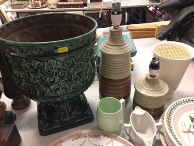 Lot 262 - Portmeirion Botanic Garden dinner plates and pots, Wedgwood Flying Cloud bowl, Jasperware, Poole Pottery vase with box, Chinese blue and white ginger jar, green glazed jardinere, two pottery lamps...