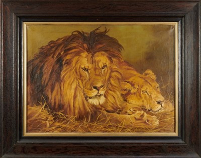 Lot 1103 - Attributed to Geze Vastagh (1866-1919), oil on canvas, Lion and Lioness, 50cm x 69cm, framed