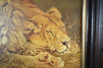 Lot 1103 - Attributed to Geze Vastagh (1866-1919), oil on canvas, Lion and Lioness, 50cm x 69cm, framed
