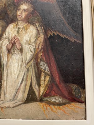 Lot 1063 - Charles A. Sheehan (act.c.1898-1926), oil on board - Hereditas Hominis Coelum Est, signed and dated 1922, 61cm x 51cm, framed