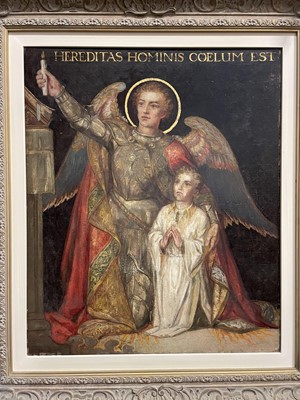 Lot 1063 - Charles A. Sheehan (act.c.1898-1926), oil on board - Hereditas Hominis Coelum Est, signed and dated 1922, 61cm x 51cm, framed