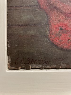 Lot 1063 - Charles A. Sheehan (act.c.1898-1926), oil on board - Hereditas Hominis Coelum Est, signed and dated 1922, 61cm x 51cm, framed