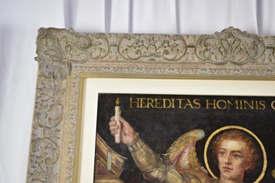 Lot 1063 - Charles A. Sheehan (act.c.1898-1926), oil on board - Hereditas Hominis Coelum Est, signed and dated 1922, 61cm x 51cm, framed