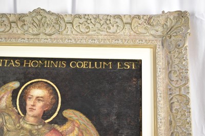 Lot 1063 - Charles A. Sheehan (act.c.1898-1926), oil on board - Hereditas Hominis Coelum Est, signed and dated 1922, 61cm x 51cm, framed