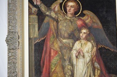 Lot 1063 - Charles A. Sheehan (act.c.1898-1926), oil on board - Hereditas Hominis Coelum Est, signed and dated 1922, 61cm x 51cm, framed