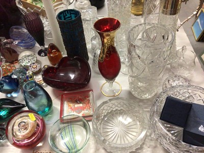 Lot 264 - Group of coloured glassware including various paperweights, Wedgwood duck, Caithness vase, large amethyst glass bottle vase, set of four Edinburgh Crystal wine glasses in box, other cut glass ware...