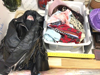 Lot 276 - Vintage Rivett's London leather biker jacket, size 12, various scarves, collars, dressing table set, two very large fans and other items