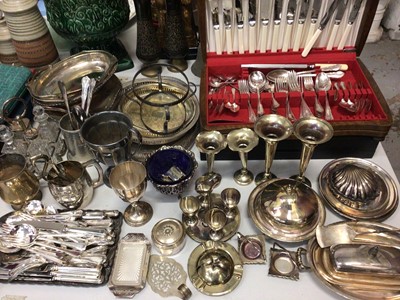 Lot 277 - Quantity of silver plate incuding two canteens of cutlery, other flatware, entree dishes, spill vases, trophies etc and a vintage wicker picnic hamper with contents