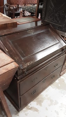 Lot 1153 - 18th century oak bureau on associated base, the well slide with oil painting to underside of panel