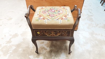 Lot 1126 - Late Victorian mahogany piano stool with inlaid decoration and needlework seat, on cabriole legs